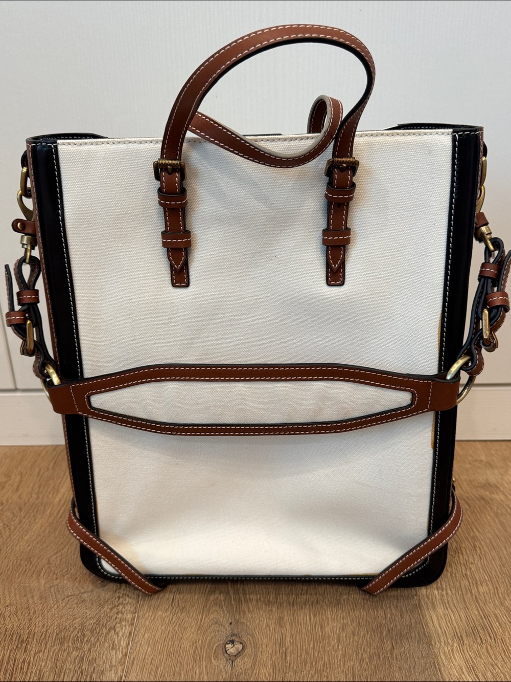 Zimmermann White Canvas Shoulder Bag with Brown Leather Trim and brass fittings